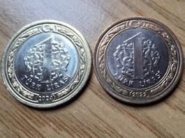 Türkei 2 x 1 Lira 2022/24 alte/neue Version Bi-Metall!