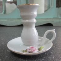 Kleiner Retro Porzellan-Kerzenhalter mit Rose und Goldrand