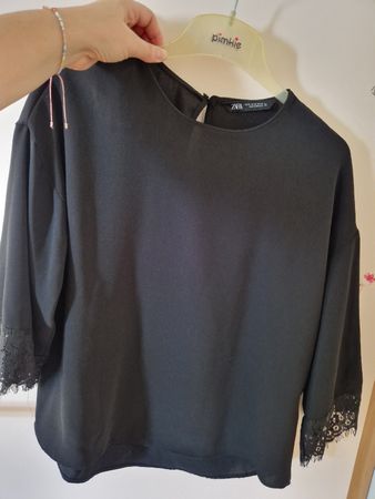Top Zara noir dentelle manches 3/4 taille XS 