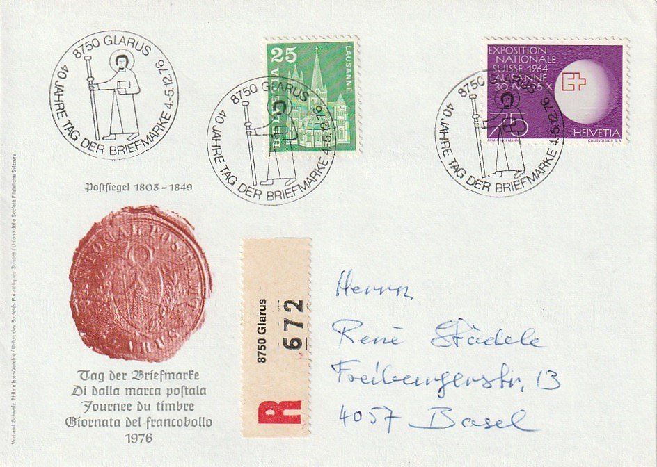 Alle Briefmarken: Tag der Briefmarke 1976, Glarus, Umschlag – Gebraucht aus Aarburg von Aare10
