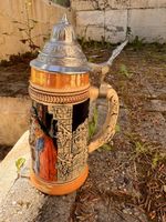 Bierkrug mit Zinndeckel von King aus Keramik