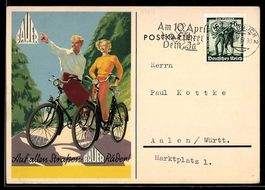 Mann und Frau mit Fahrradädern, Reklame