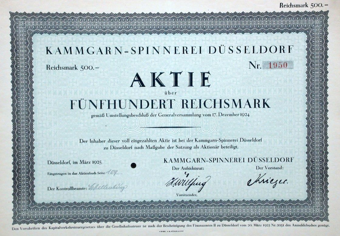 Dokumente: Kammgarn-Spinnerei Düsseldorf - 1925 – Gebraucht aus Solothurn von Sgasche