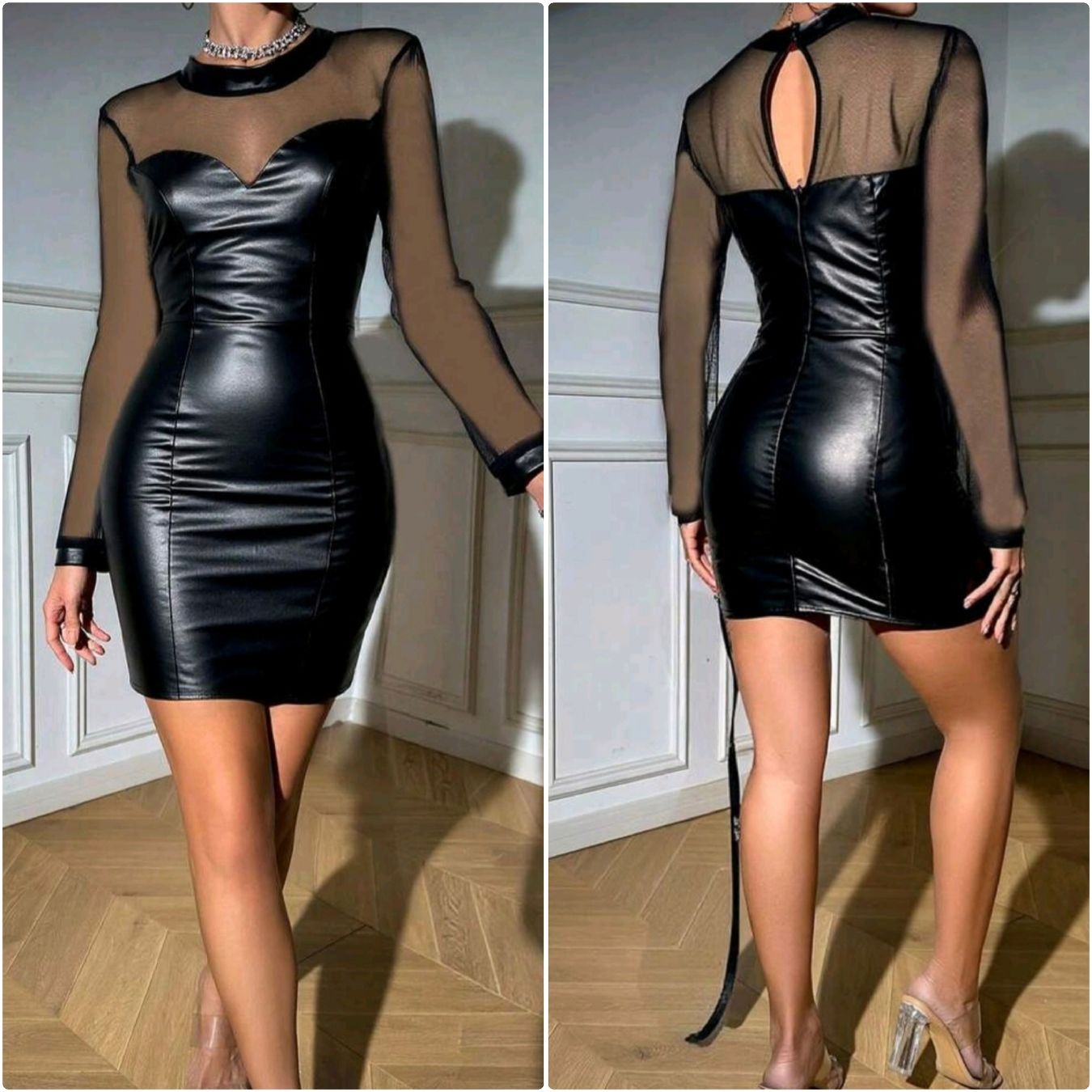 Vestiti: Schwarzes Kleid in Leder Optik mit Mesh-Einsatz, Gr.L – Nuovo e nell'imballaggio originale da Winterthur venduto da -.S.B.-