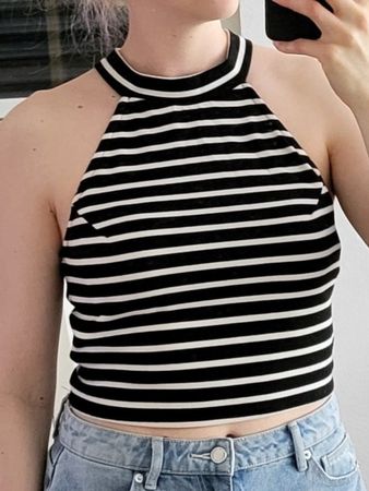 crop Top mit Kragen ärmellos gestreift schwarz weiss M