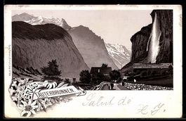 Lithographie Staubbach, Spaziergänger am Wasserfall