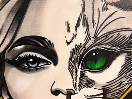 95x146hoch/ Handgemaltes Acryl Gemälde Frau Katze Portrait