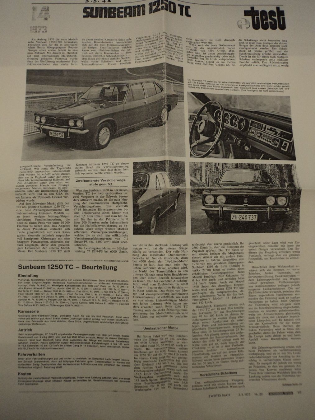 Documenti: Prospekt Test AR Sunbeam 1250 TC von 1973 – Usato da Schwarzenburg venduto da modelCARama 3