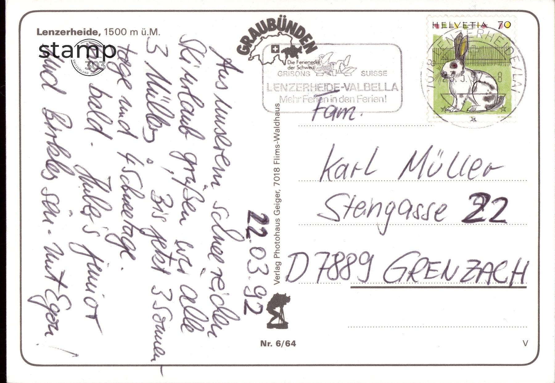 Cartoline postali: 1992 AK Lenzerheide mit Vollstempel – Usato da Eggersriet venduto da stamp303 1