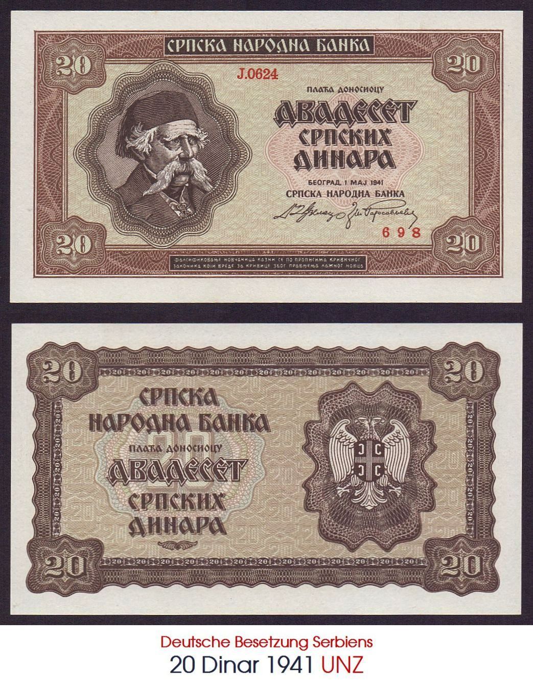Banknoten: 20 Dinar 1941 UNZ – Neu (gemäss Beschreibung) aus Flamatt von samowarow