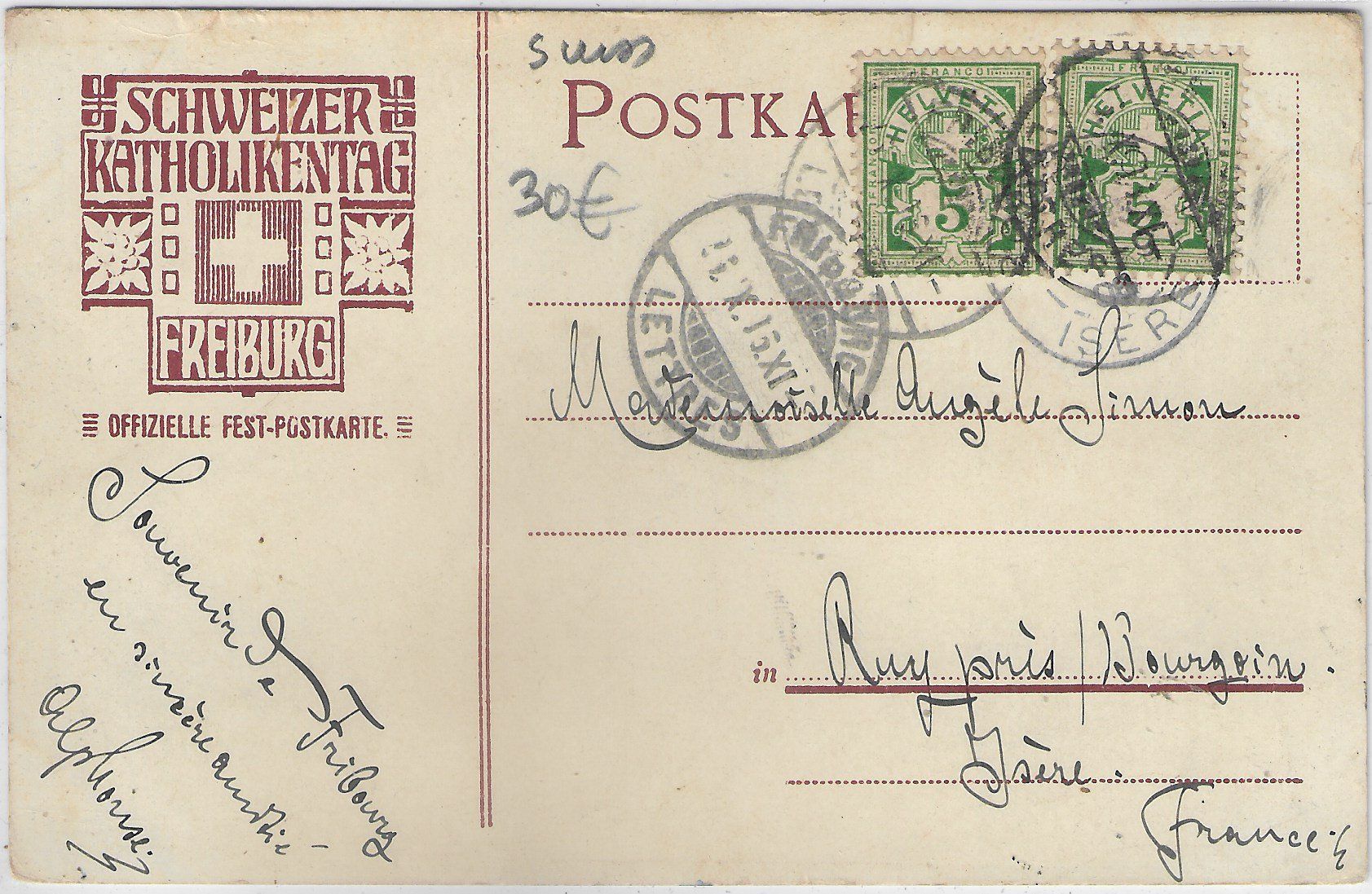 Cartoline postali: Schweizerischer Katholikentag Sept. 1906 Freiburg - Litho – Usato da Ettingen venduto da Kartenplanet 1