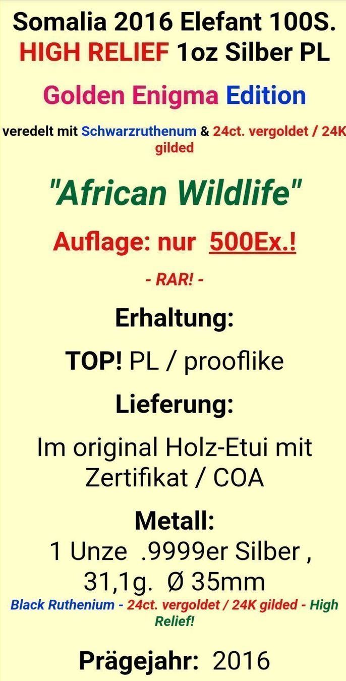 Tutti le monete: Somalia 2016 Elephant Golden Enigma – Usato da Zuerich venduto da Eric1389 5