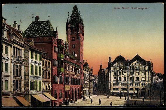 Ansichtskarten: Basel, Rathausplatz mit Kaffeerösterei  – Gebraucht aus Berlin von bartko-reher