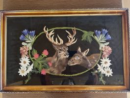 Antikes Stickbild Hirsch Edelweiss Handarbeit gerahmt