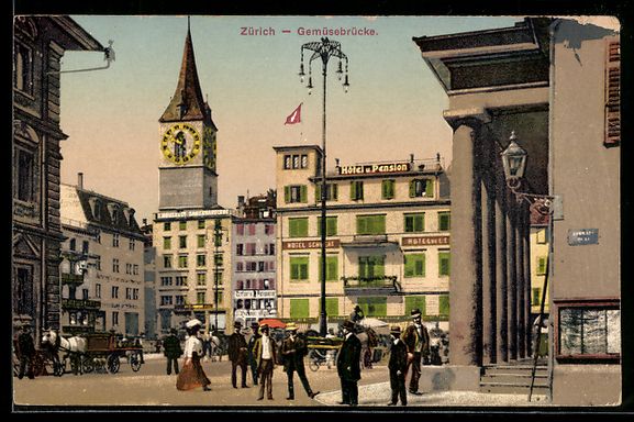 Cartoline postali: Zürich, Gemüsebrücke, Uhrturm, Hotel – Usato da Berlin venduto da bartko-reher