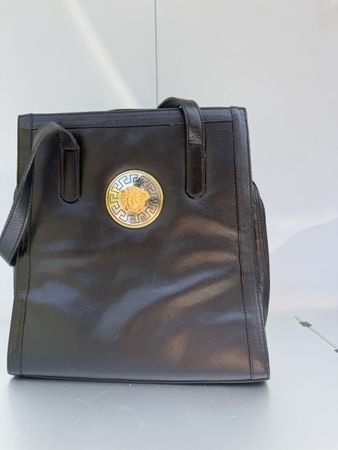 Versace Tote Bag Black Leather Medusa Logo Pre-owned