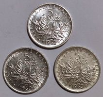 5 Francs Silbermünzen Frankreich, 3 Stück, 1960-1962-1963