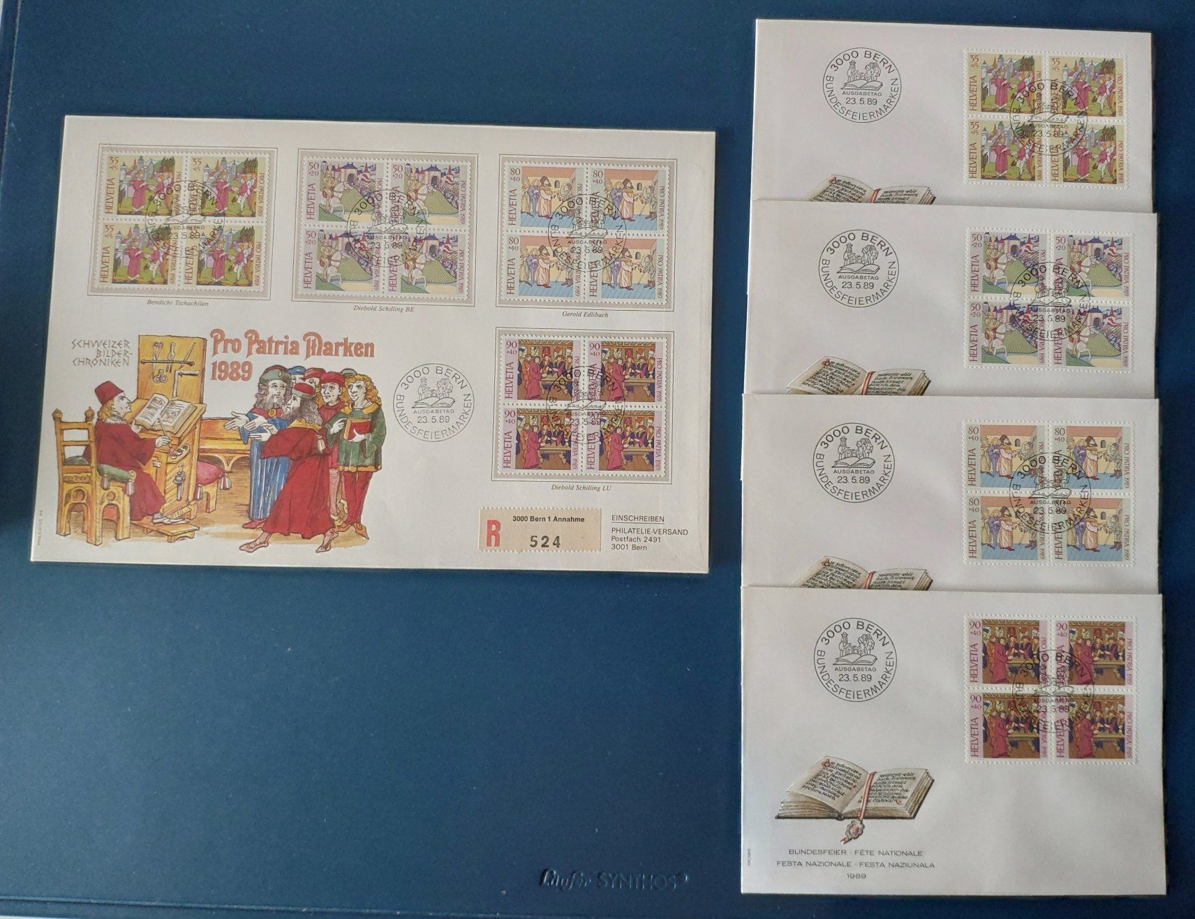 Alle Briefmarken: 5 FDC 4er / Serie + Einzeln / Pro Patria 23.5.89 Bern – Gebraucht aus Volketswil von Spacepanda