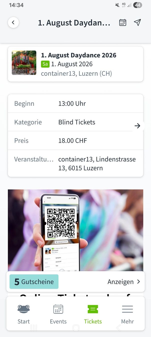 Biglietti: 1. August Daydance 2026 Ticket Blind Tickets – Nuovo e nell'imballaggio originale da Nussbaumen AG venduto da Gummitomate