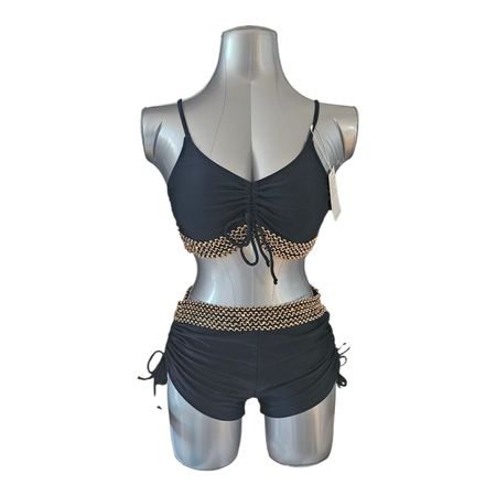Bikini-Set Schwarz/Gold mit Shorts (High Waist) –Gr. XL (42)