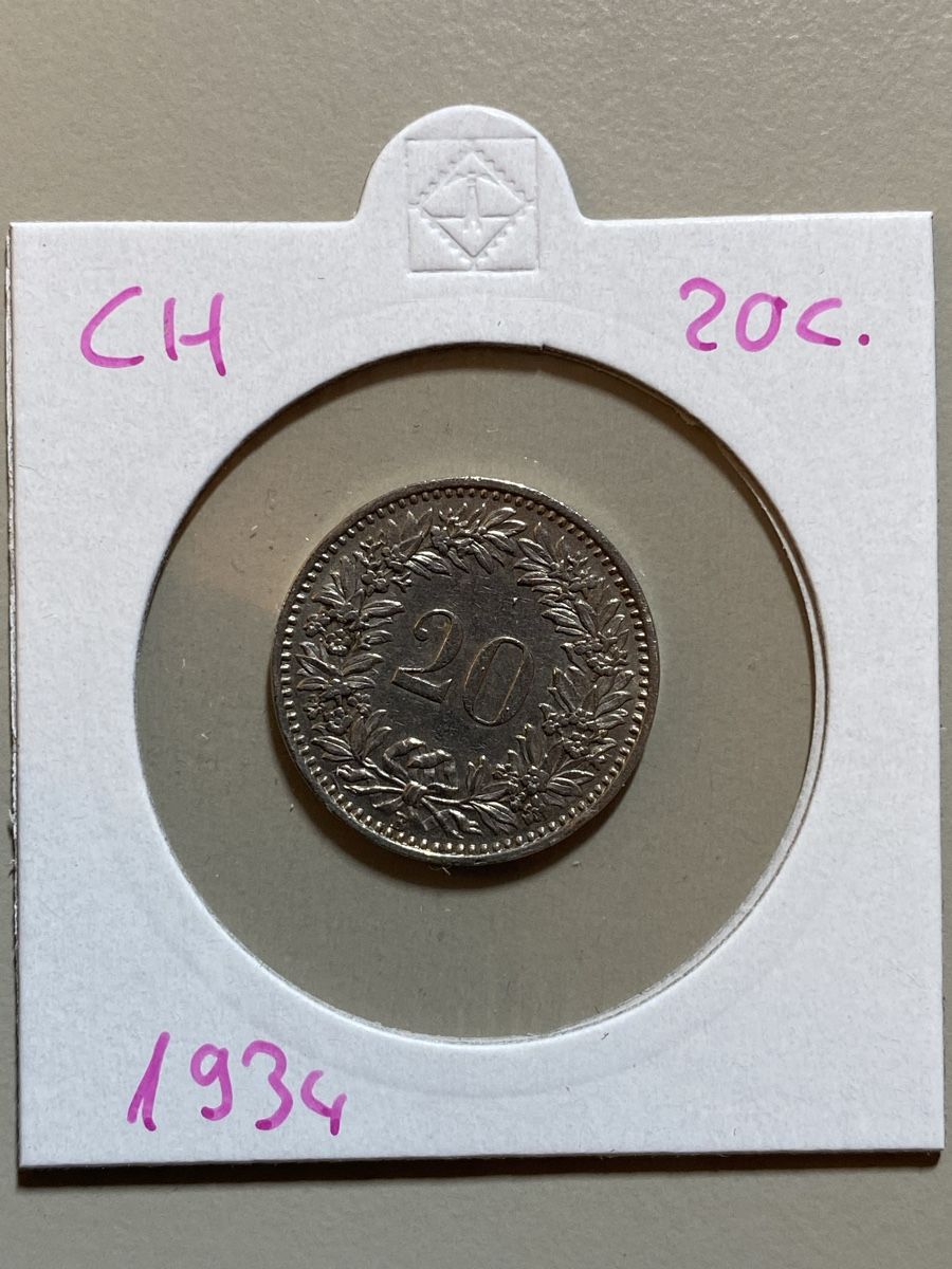 Alle Münzen: Suisse - 20 centimes - 1934 – Gebraucht aus Payerne von Mike1682
