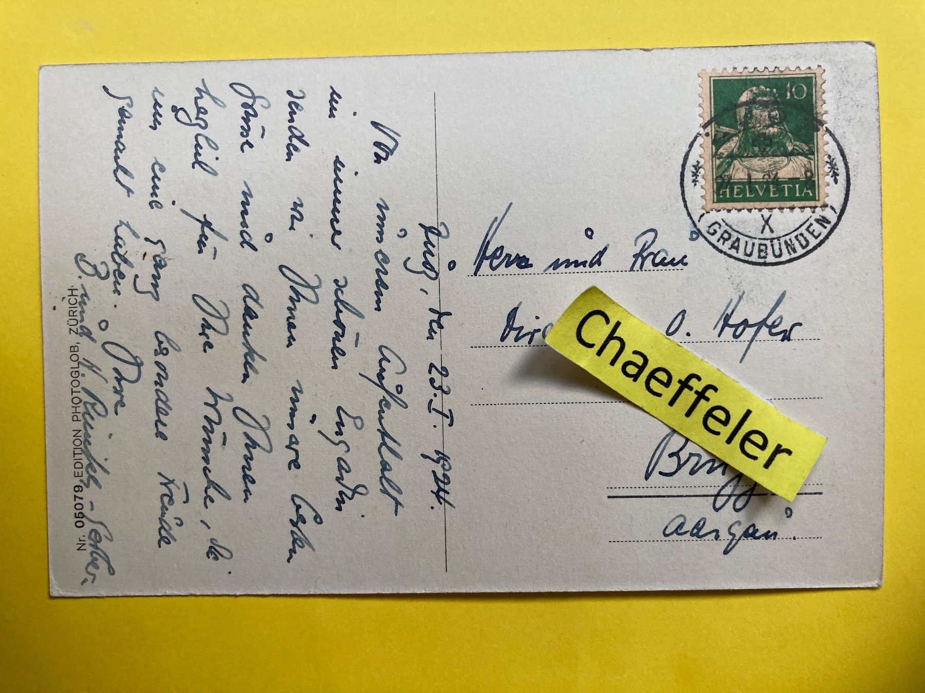 Cartoline postali: 1924 Zuoz,  Dorfpartie – Usato da Zürich venduto da Chaeffeler 1