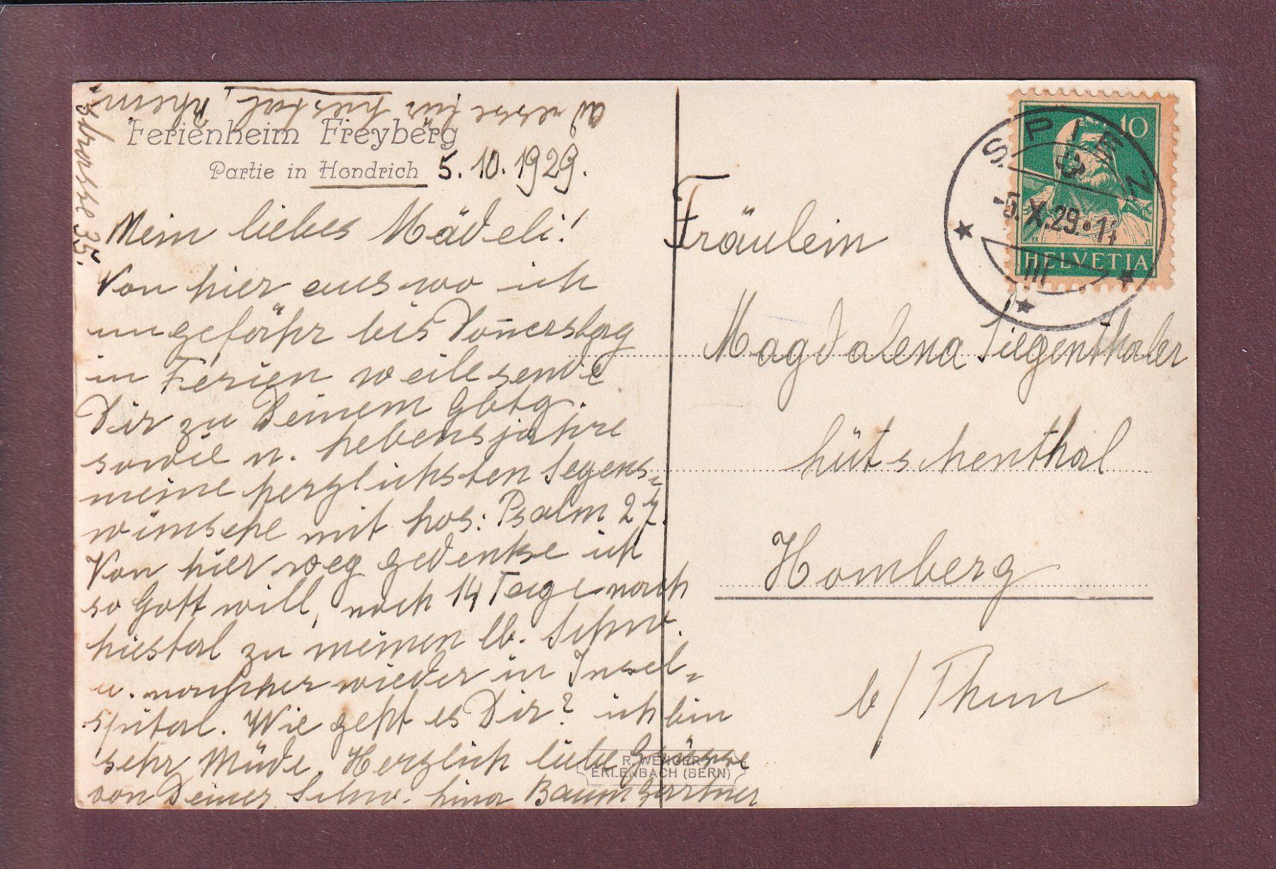 Cartoline postali: HONDRICH - Ferienheim Freyberg - 1929 – Usato da Pully venduto da nicecards 1