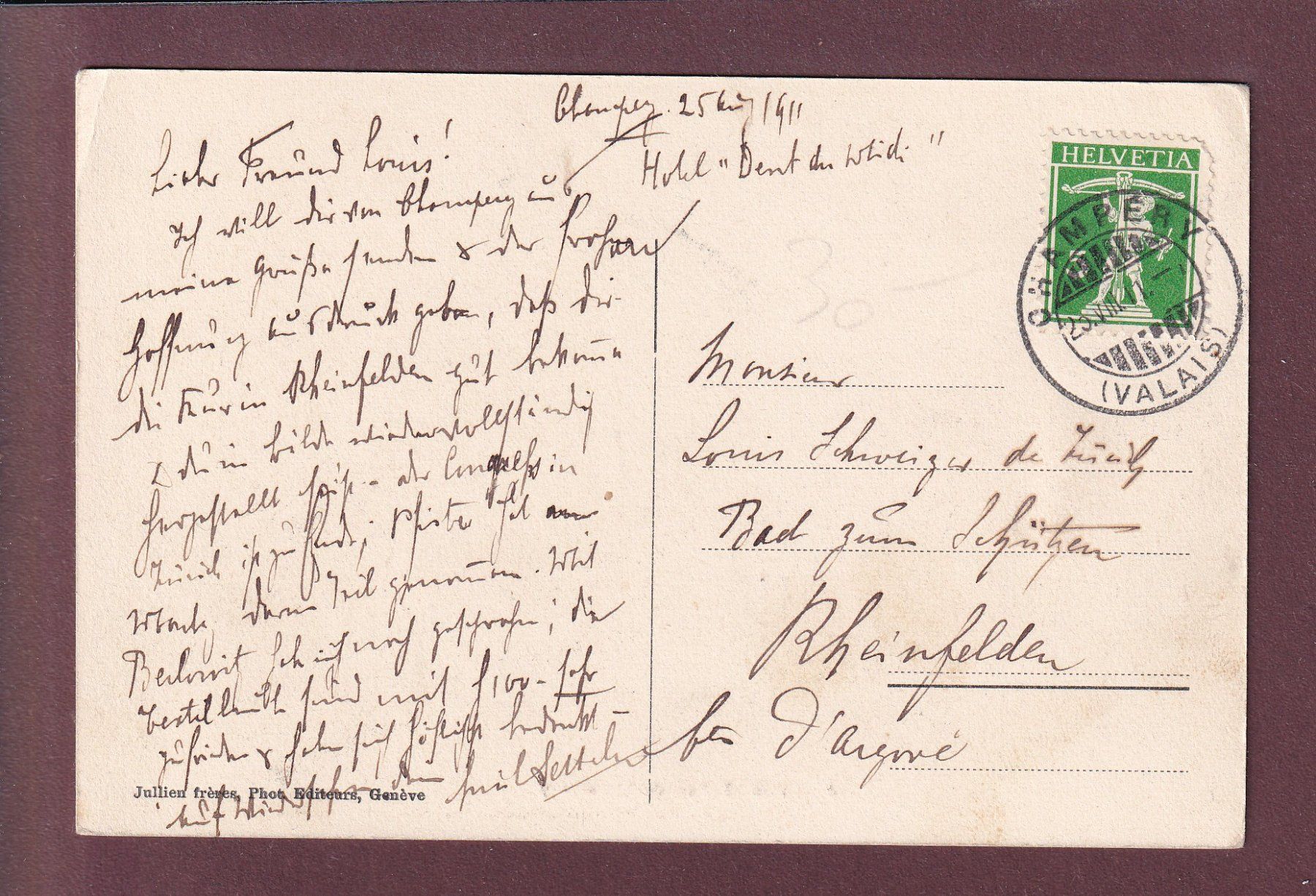 Ansichtskarten: Eglise de CHAMPERY - 1911 – Gebraucht aus Pully von nicecards 1