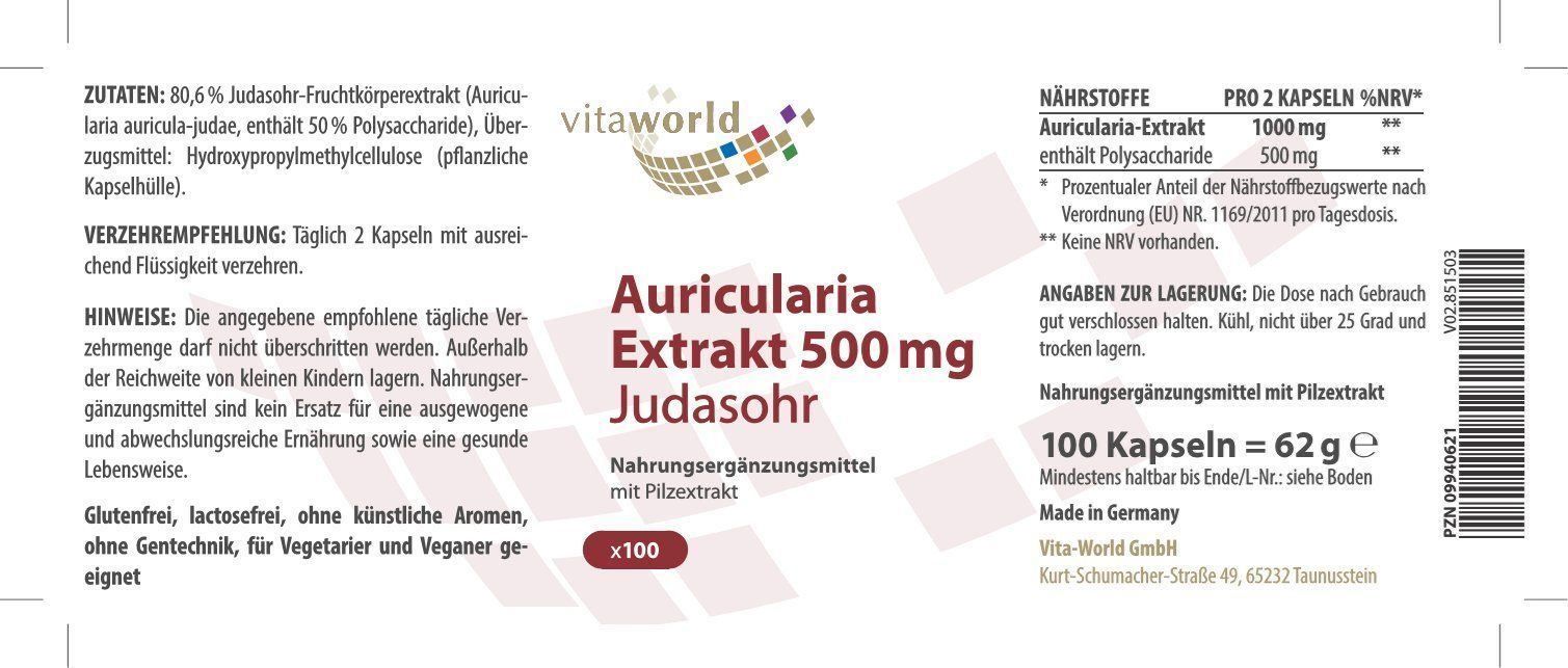 Letteratura sanitaria: Auricularia Extrakt 500mg 100 Vegi Kaps. – Nuovo e nell'imballaggio originale da Tiefenbach venduto da nhp-bedarf 1