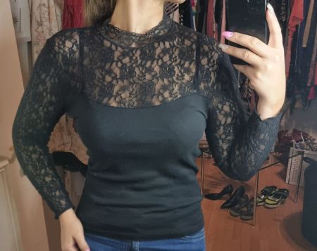 Schwarze Spitzenbluse – Eleganter Vintage-Look, Größe 38/M