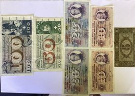 Set von 7 Schweizer Banknoten 5 Franken bis 100 Franken