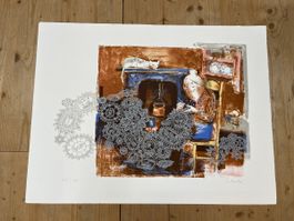 aus Grafiksammlung Lithografie Frau am stricken / signiert