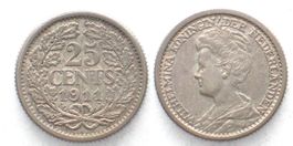 NIEDERLANDE 25 Cents 1911 Silber vz-unz