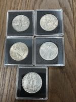 5 Schweizer Münzen in Kapseln Quadrum. Silver. Gedenmünzen.