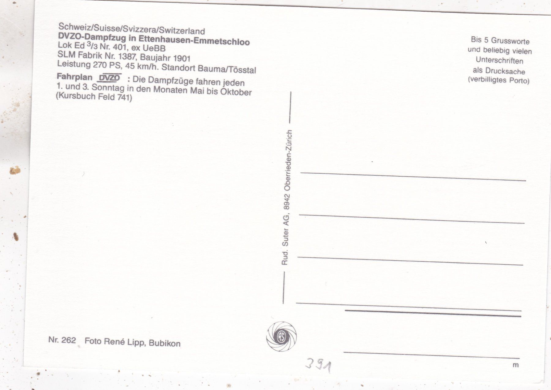 Cartoline postali: DVZO Dampfzug in Ettenhausen – Usato da Herisau venduto da Lisegrat2008 1