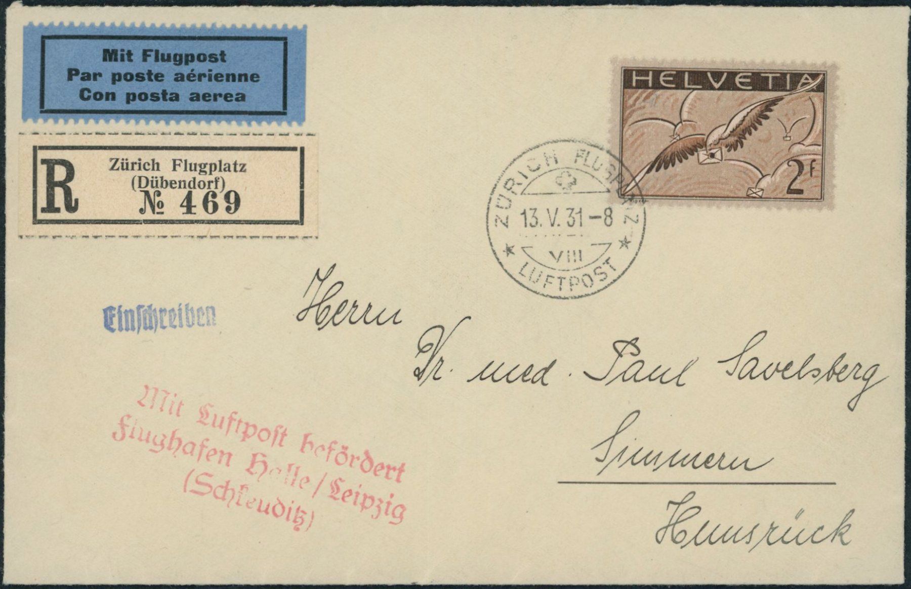 Tutti i francobolli: 1931 - Flugpost - Brief - EF - nach D – Usato da Schindellegi venduto da leecollect