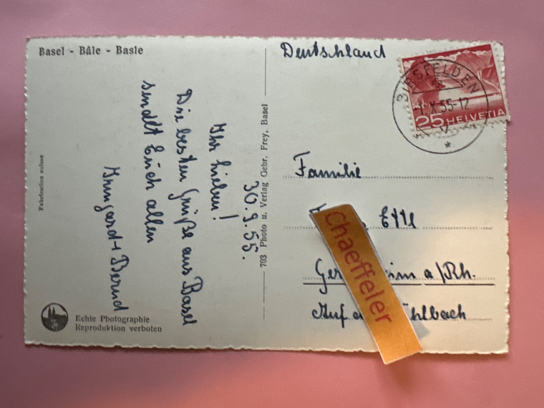 Cartoline postali: 1955 Basel – Usato da Zürich venduto da Chaeffeler 1
