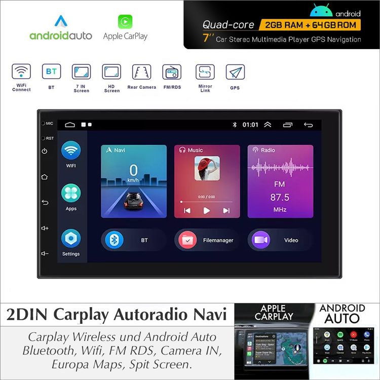 2 DIN Autoradio Carplay Navi 64GB 2GB Android 13