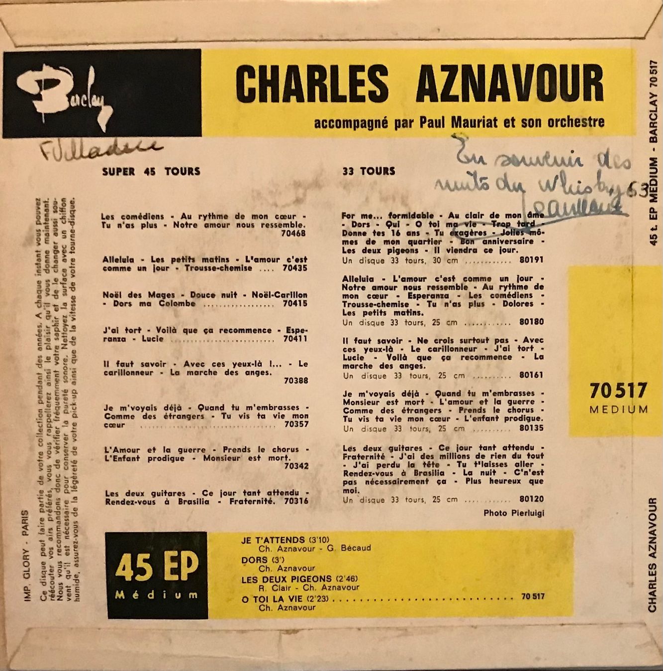 Dischi in vinile: CHARLES AZNAVOUR - JE T'ATTENDS – Usato da Bussigny venduto da vinyl-pas-cher 1