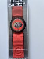 Pop Swatch Coral/Salmon, black case, abstract dial 