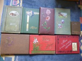 8 Postkarten-Alben,Jugendstil-Präge,leer,um 1900,Lithos