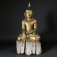 Alte Buddha Figur Teakholz Blattgold Thailand 84cm
