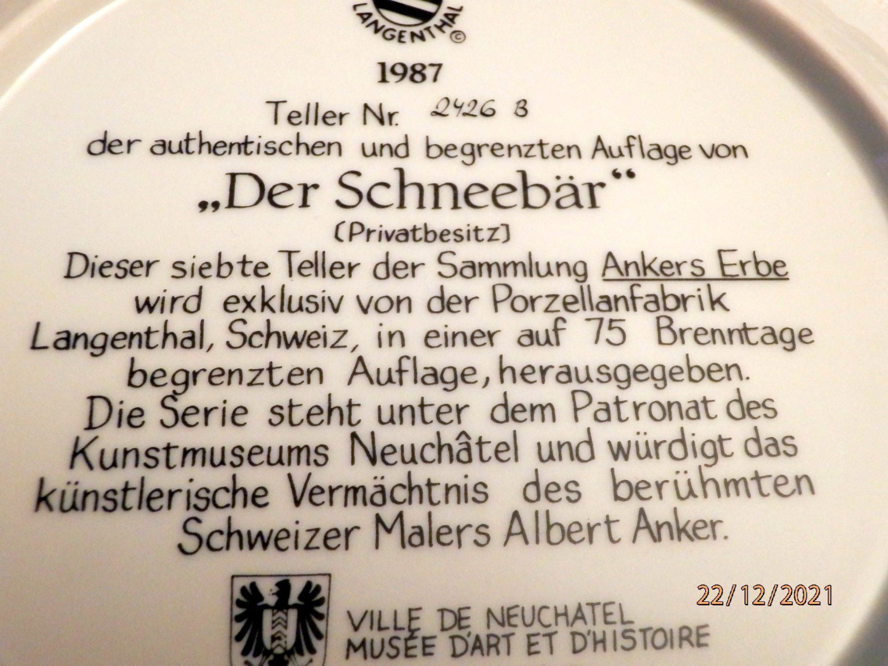 Teller: Albert Anker, Wandteller, Auflage limit. – Neu (gemäss Beschreibung) aus Ueberstorf von dinbau 4