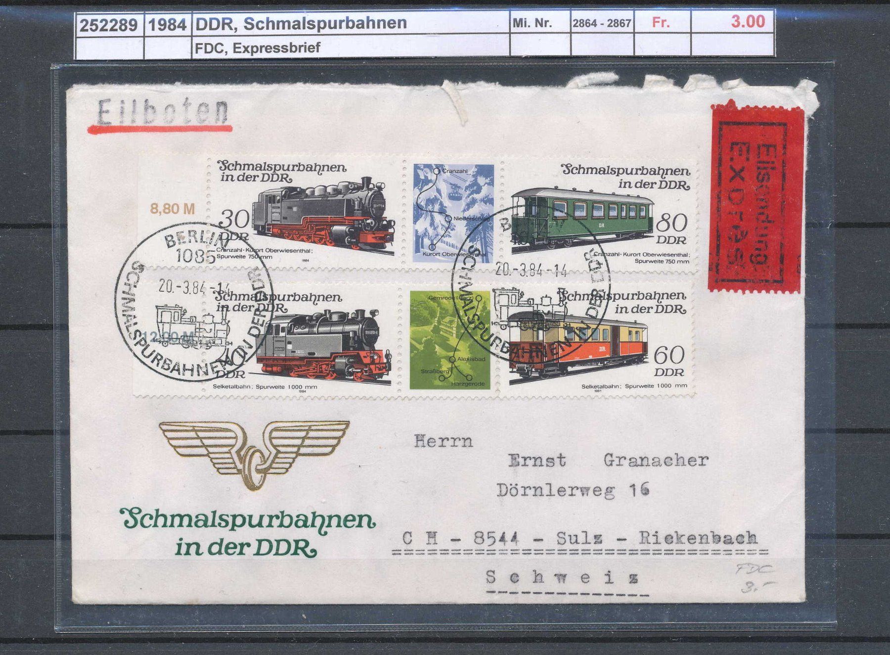 Alle Briefmarken: 1984 DDR, "Schmalspurbahnen", FDC - Expressbrief – Gebraucht aus Winterthur von Zupogeru