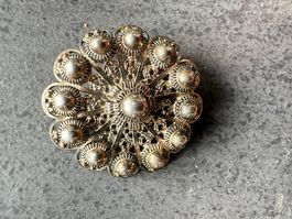 Vintage- Brosche floral filigran Metall Silberlook