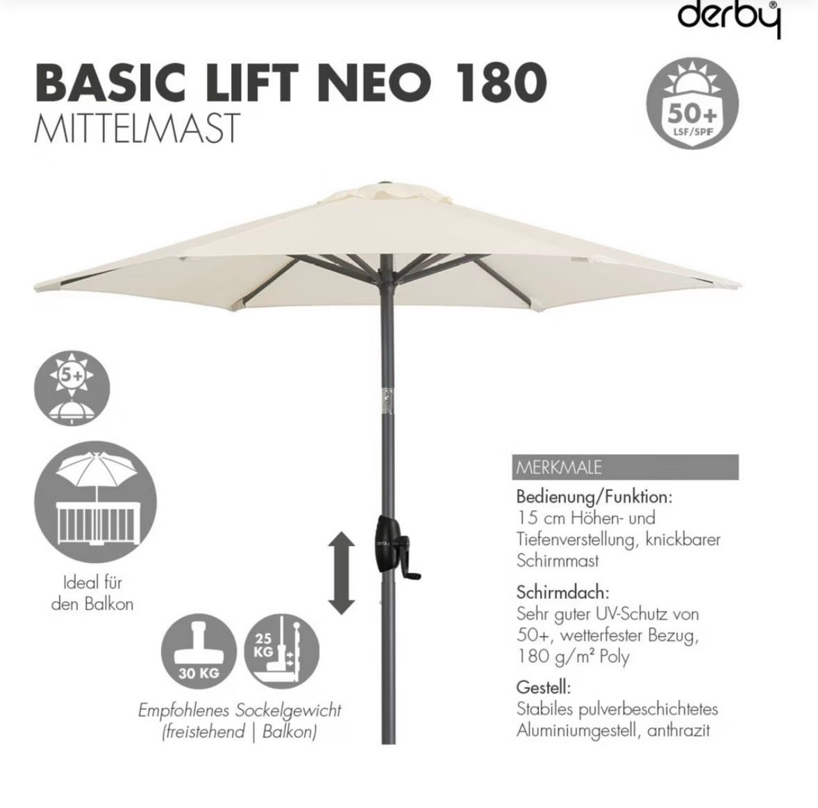 Sommer-Sonnenschirm für Balkon, Basic Lift Neo 180, wie neu! (Neu ...