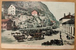 Bahnhof Göschenen mit Postkutschen um 1905