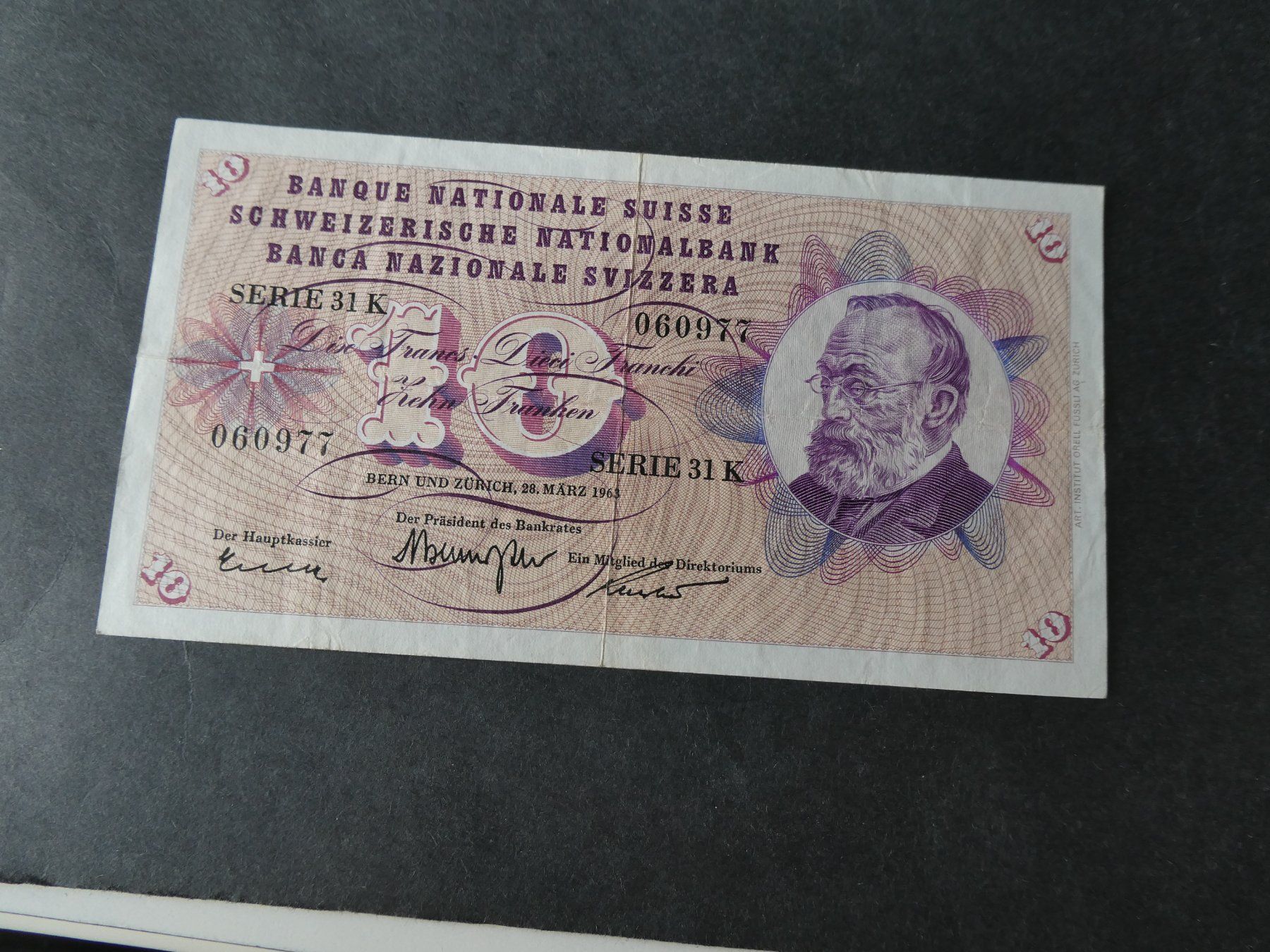 Banknoten: Schweiz 1963, 10 Franken – Gebraucht aus Hinterforst von Rohusri