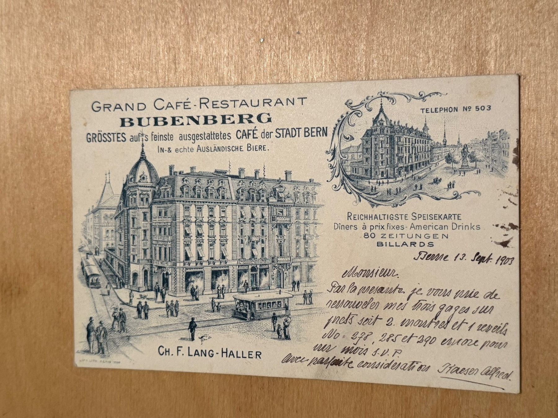 Cartoline postali: Antike Postkarte, Grand Café Rest. Bubenberg, Bern, 1903 – Usato da Basel venduto da sar_9jj8
