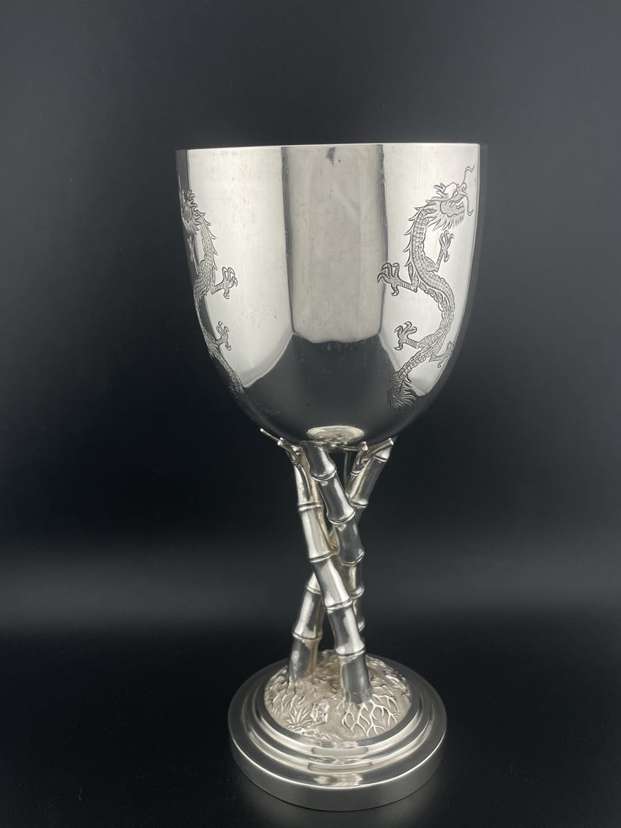 Bicchieri: Chinese Export Silver 19th - Antique Bamboo&Dragons Chalice – Usato da Genève venduto da PepitesdAlor 1